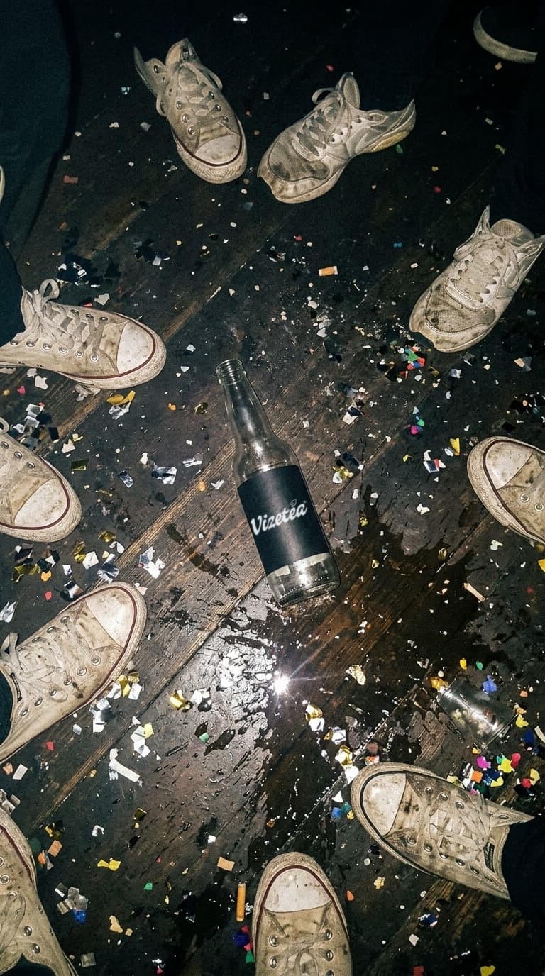 Flasche auf der Tanzfläche zwischen Sneakern und Konfetti