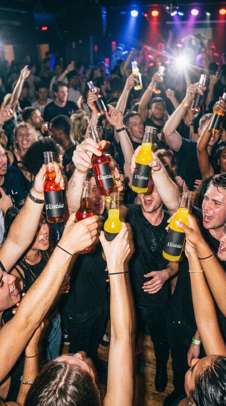 Crowd hält Flaschen hoch, Blitzlicht