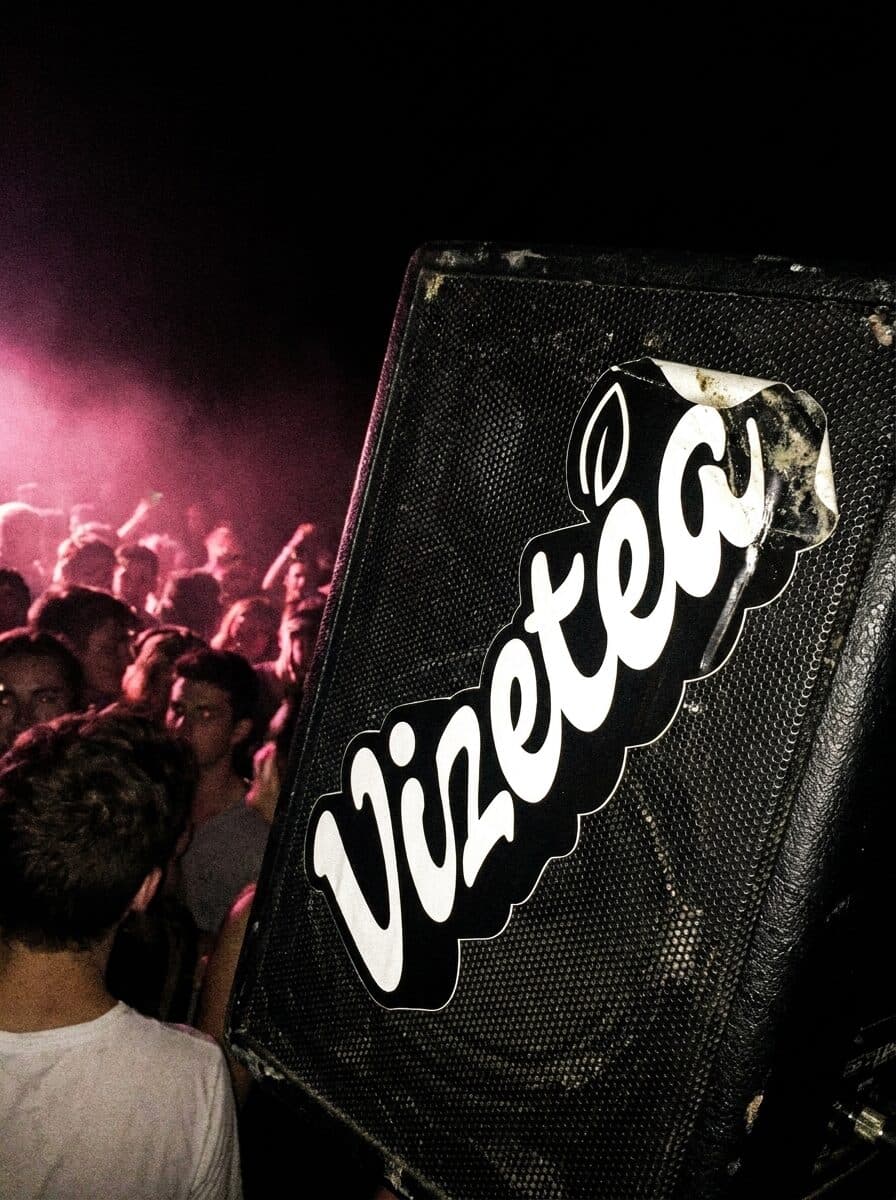 Vizetea-Sticker auf einer Box, Crowd im pinken Nebel