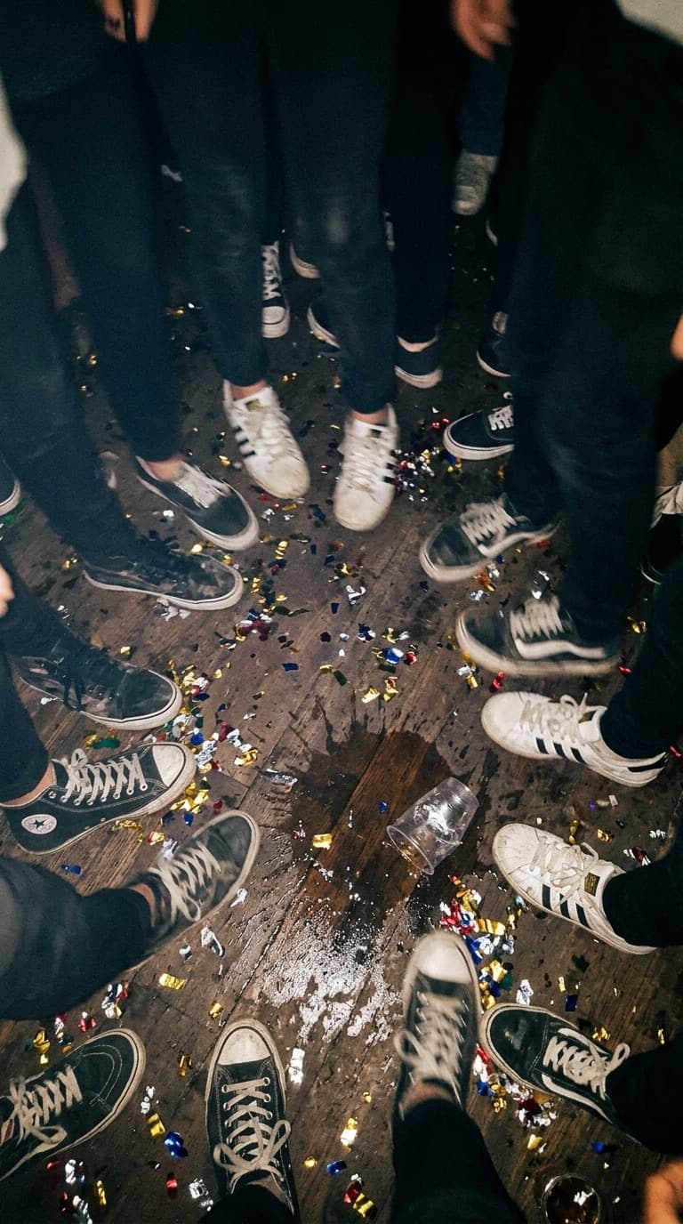 Blick auf die Tanzfläche, Sneaker und Konfetti